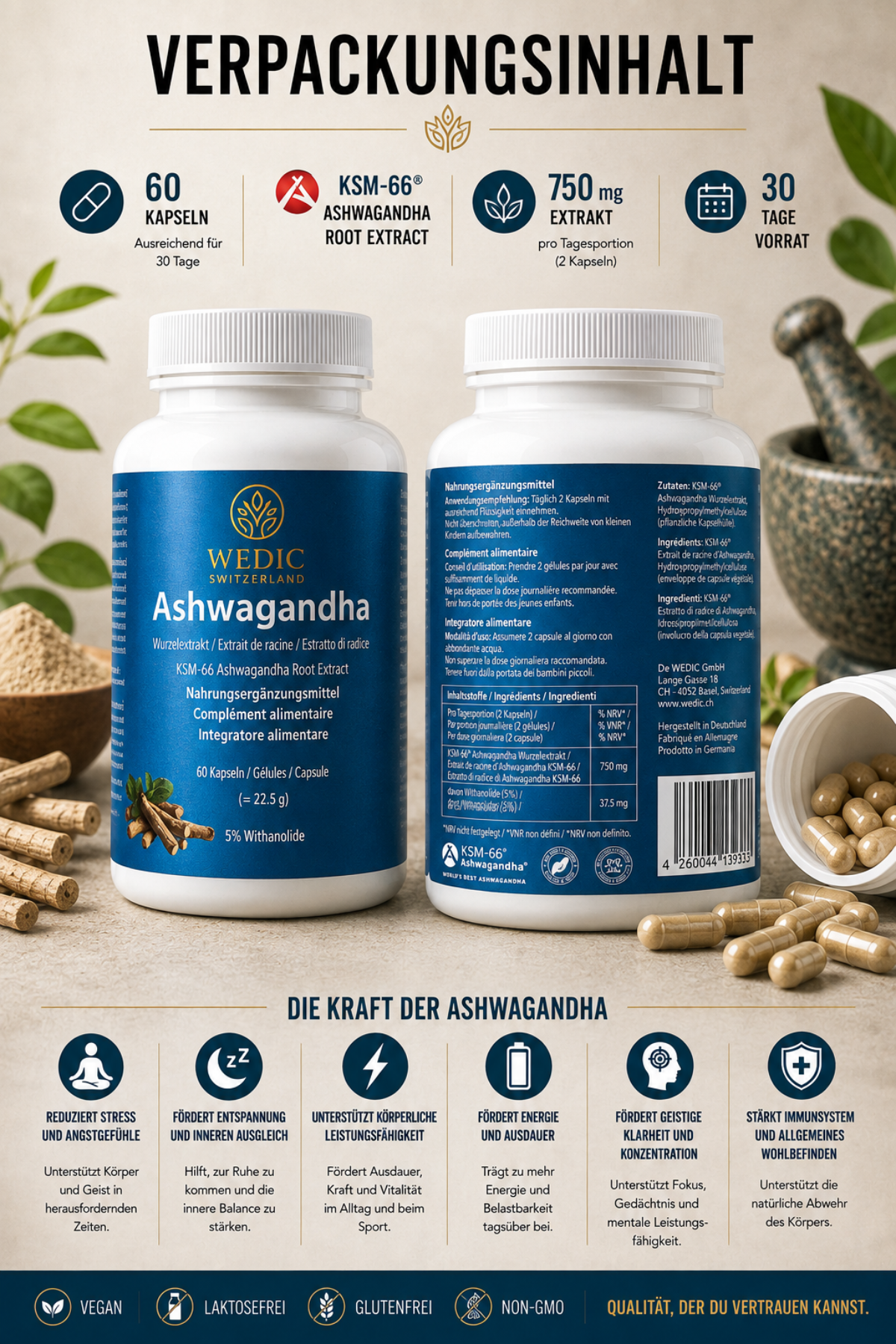 WEDIC Ashwagandha avec KSM-66® – Testé en Suisse