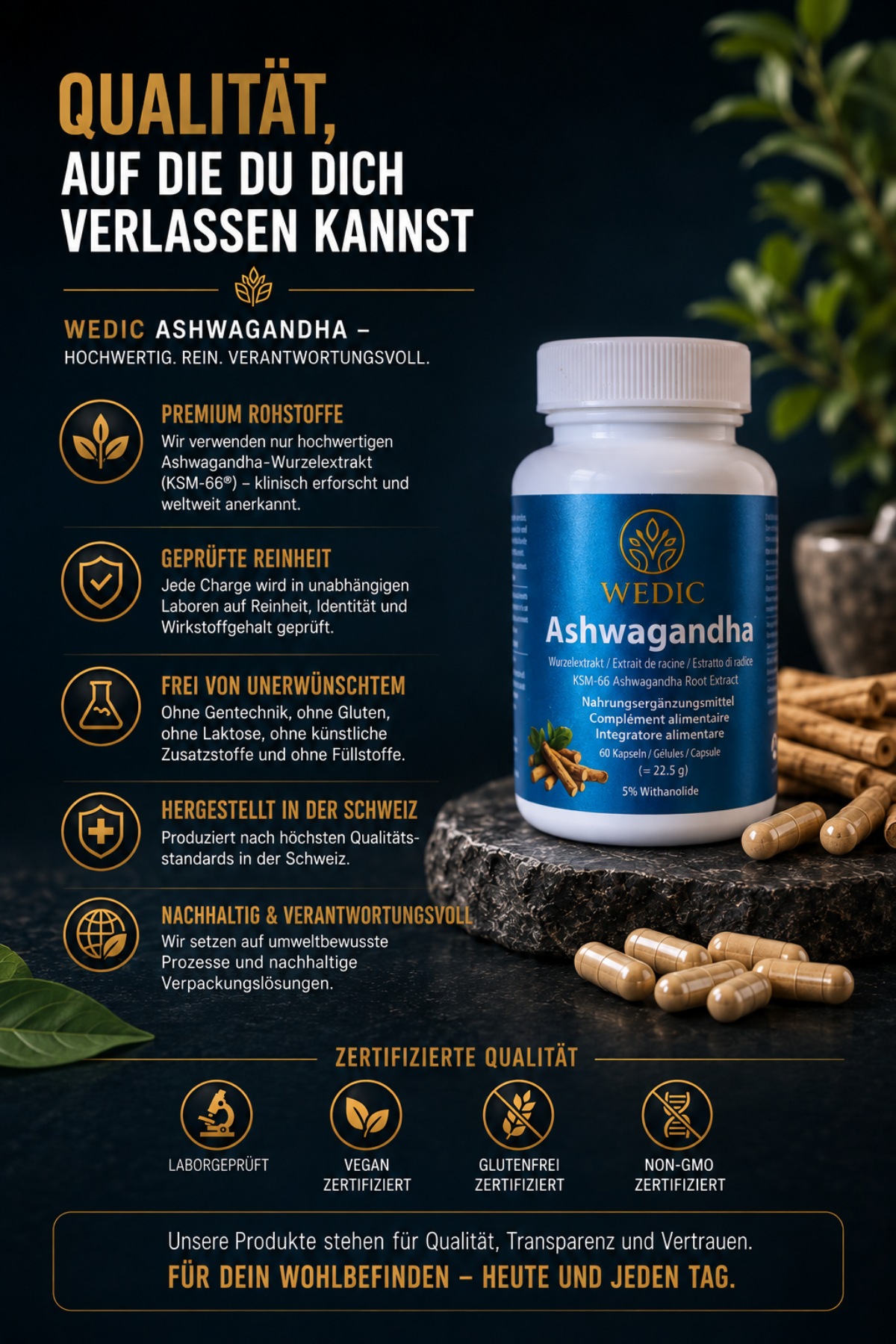 WEDIC Ashwagandha avec KSM-66® – Testé en Suisse