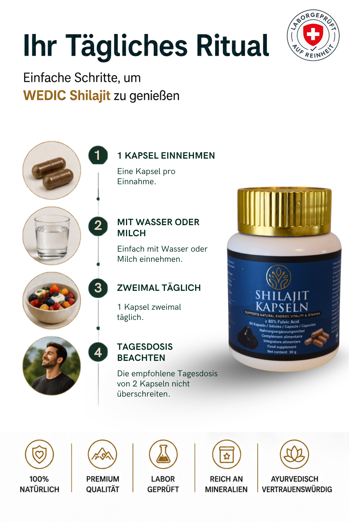 WEDIC Shilajit Kapseln tägliche Einnahme mit Wasser oder Milch