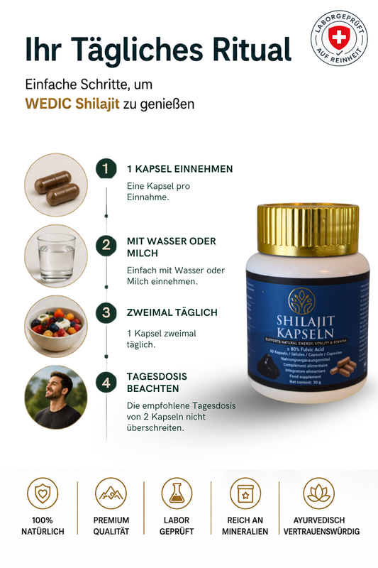 WEDIC Shilajit Kapseln tägliche Einnahme mit Wasser oder Milch